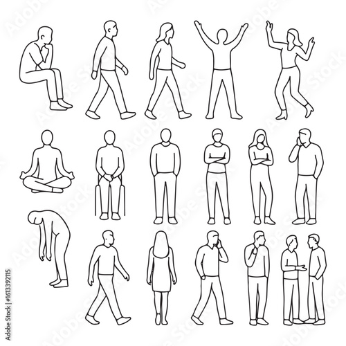 Set people outlines isolated on white background. Sitting, walking, dancing, etc. vector silhouette
