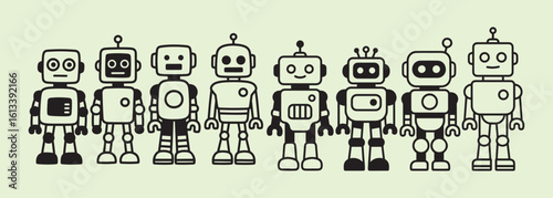 Robot Character Icons, A diverse set of stylized robot designs, in both outline and solid black and white styles, on a light background