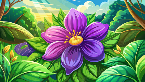 Close up of purple flower and green leaf in garden under summer sunlight reveals nature’s gentle beauty. Semi-realistic vector style captures each delicate curve glowing in warm golden light.