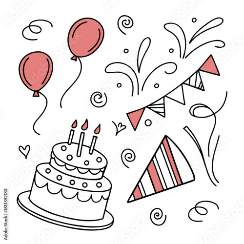 Happy birthday celebration elements with cake balloons and party hat