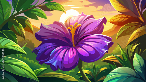 Close up of purple flower and green leaf in garden under summer sunlight reveals nature’s gentle beauty. Semi-realistic vector style captures each delicate curve glowing in warm golden light.