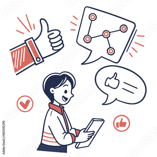 Person using a tablet receiving positive feedback and social network connections