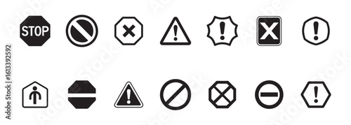 Warning & Stop Signs, A versatile collection of black and white vector icons for warning, stop, and prohibition
