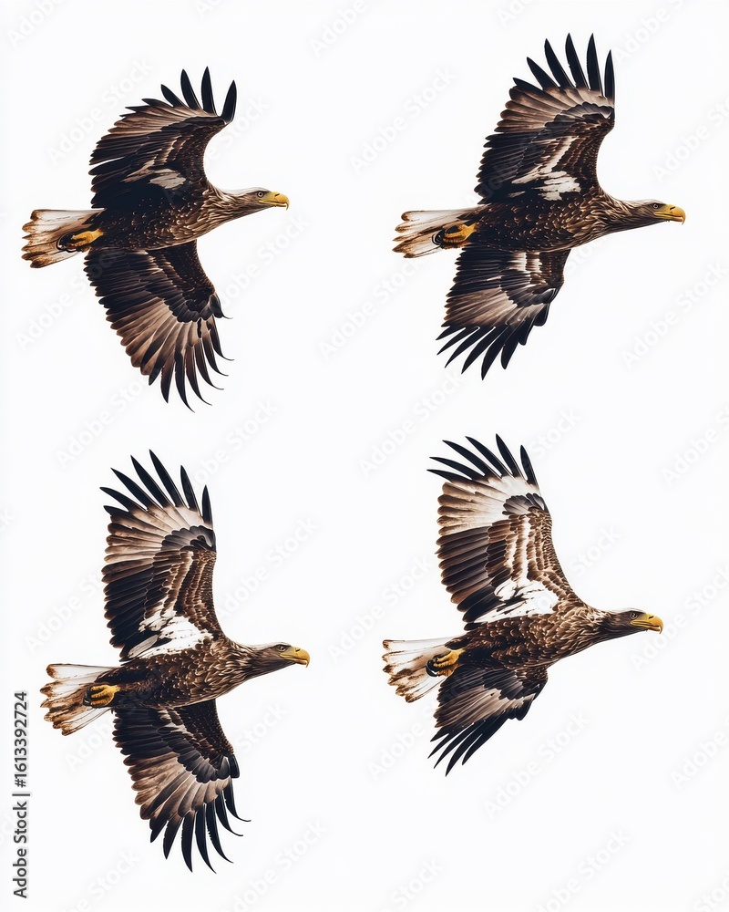 Fototapeta premium A majestic eagle, showcasing its powerful wings in mid-flight, captured in stunning detail against a white backdrop.