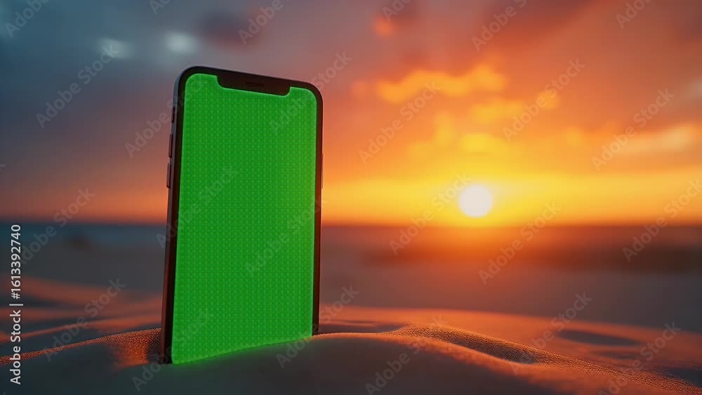 A modern smartphone planted warm twilight sand glows neon green awaiting keyed in content while pastel clouds ignite overhead all filmed K immersive AR mock ups app demos influencers announcing beach