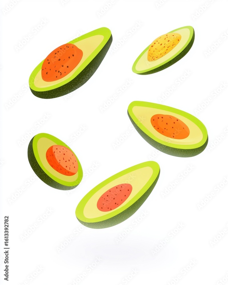 Colorful illustrations of fresh avocados with vibrant flesh, floating against a clean white background. Colorful illustrations of fresh avocados with vibrant flesh, floating against a clean white background.