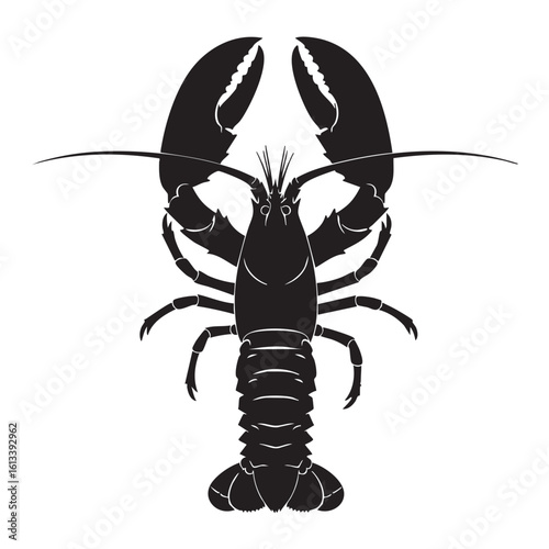 Black silhouette of a lobster with large claws and segmented tail crustacean seafood