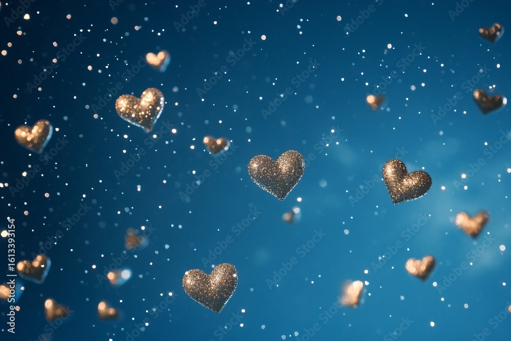 Fototapeta premium Glittering golden hearts floating in dreamy snowfall against deep blue background