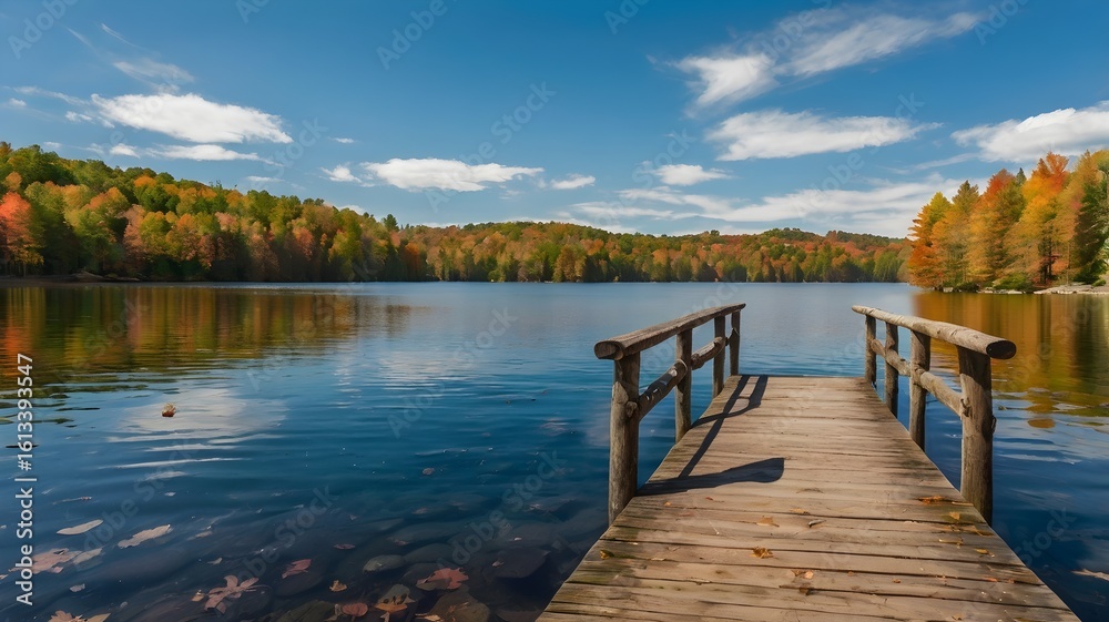 Obraz premium Serene Lake View with Autumn Leaves on a Wooden Dock Beneath a Bright Blue Sky — Tranquil Nature Scene Reflecting Fall Colors, Calm Waters, and Peaceful Ambience