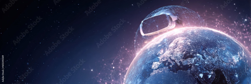 Obraz premium Virtual Reality Headset Enhances Online Learning With a Glowing Hologram Globe in a Dynamic Educational Environment