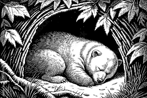 A bear sleeping deeply inside a cozy cave with curled body and peaceful face in winter, designed as a black and white line art illustration