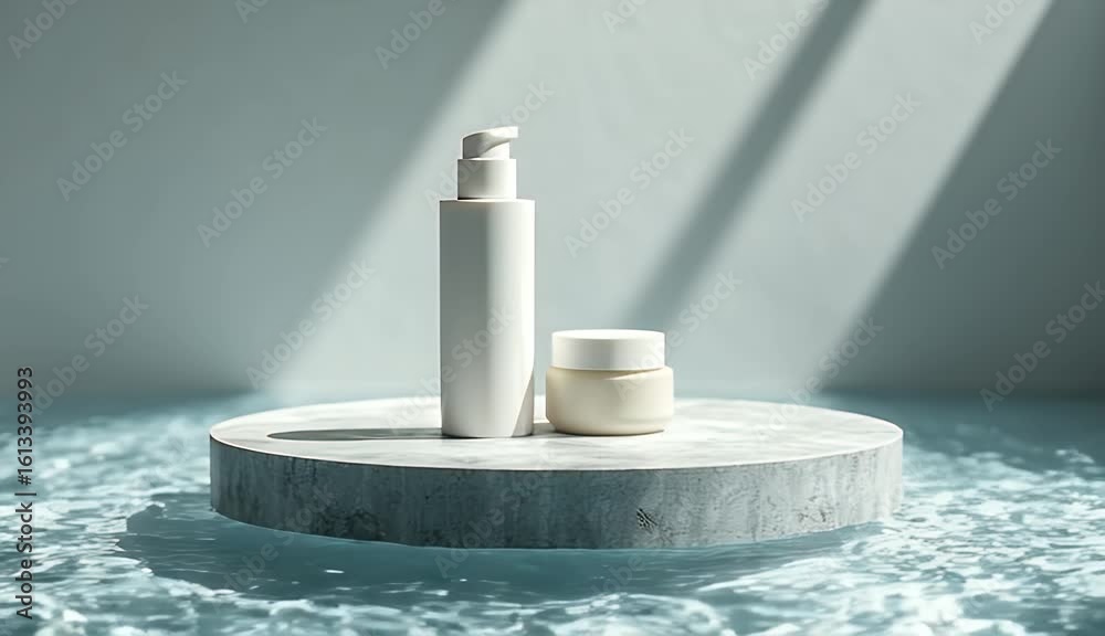 Grey stone cylinder emerges crystal clear water droplets splashing gently around updated description emphasises luxurious spa vibe high detail K realism perfect pedestal cosmetic bottle mock ups zen