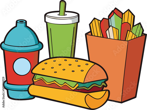 Cartoon Fast Food Meal with Drink and Fries on transparent background