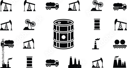 A collection of oil industry related icons in black on a light background