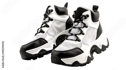 A pair of stylish high top athletic shoes with white and dark accents on a solid surface