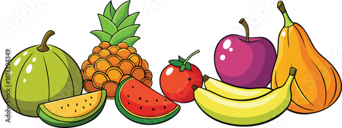 Cartoon Fruits Border with Pineapple Watermelon and Bananas on transparent background