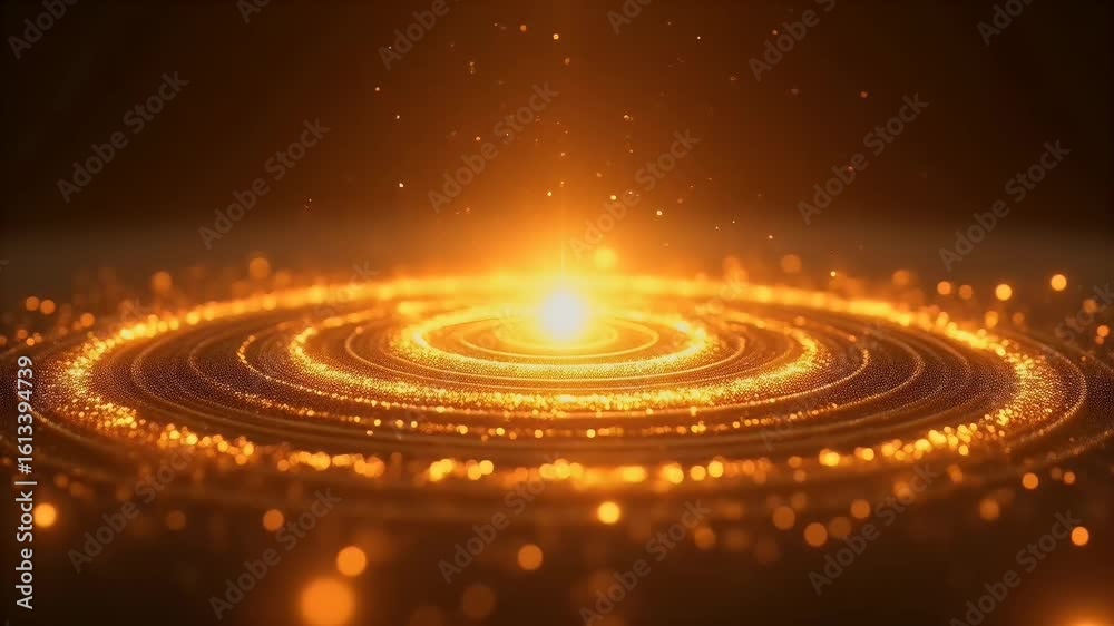Delicate concentric rings antique gold ripple outward from invisible core each pulse laced micro sparkle particles that twinkle like stars velvet lengthened headline stresses hypnotic looping motion