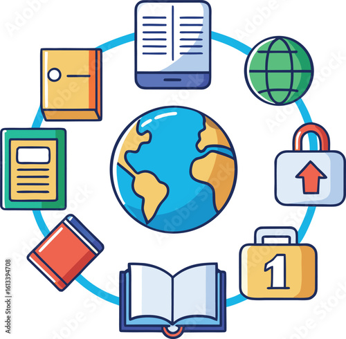 Education and Learning Icon Set Around Globe on Transparent Background