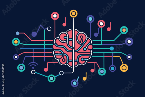 Abstract graphic representation of artificial intelligence neural networks and musical data signals connected to a brain.