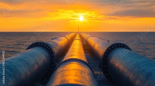 Industrial Pipeline Against Dramatic Sunset Over Calm Ocean Water