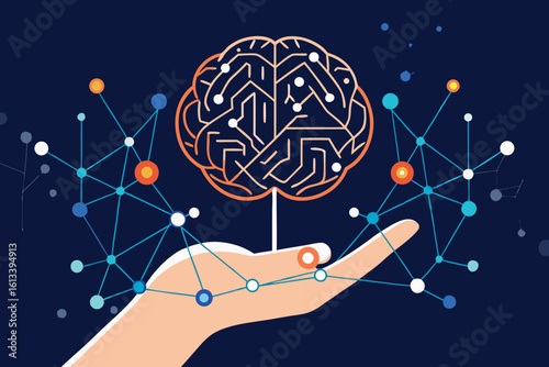 Abstract illustration of a human hand supporting a digital brain symbolizing neural networks and artificial intelligence