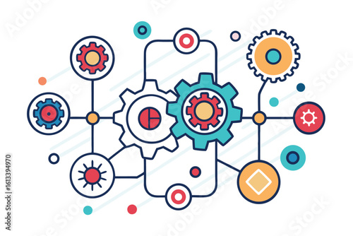 Abstract illustration of interconnected gears and shapes representing systems and process flow using neural networks