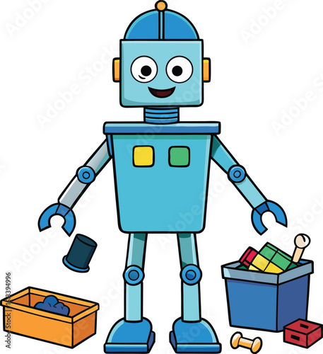 Cute Blue Robot with Toys Illustration on Transparent Background