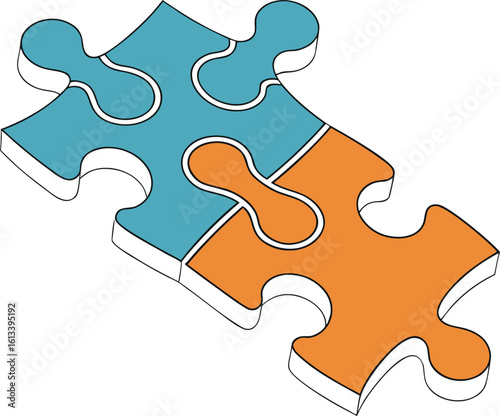 Connected puzzle pieces in blue and orange on transparent background