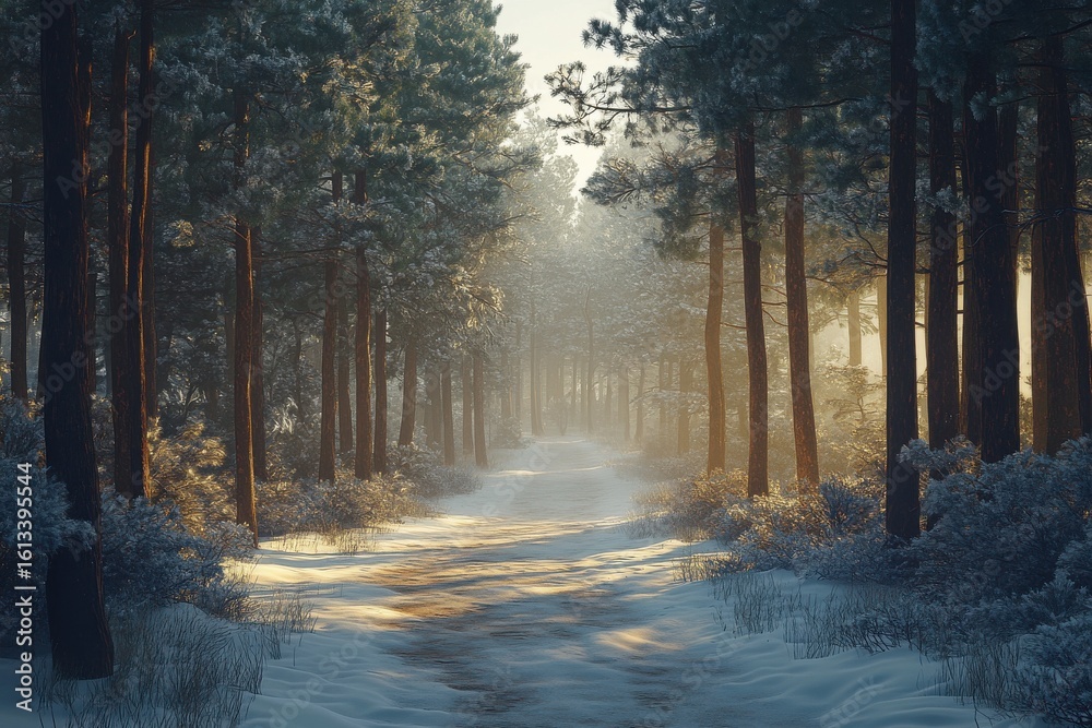 Obraz premium Serene winter pathway in a snow-covered forest, inviting peaceful exploration amid tall coniferous trees.