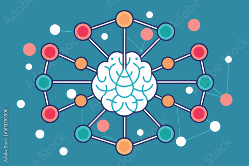 Creative illustration of a brain representing neural networks, illustrating intelligence, thinking, and connections, modern style.