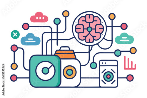 Digital brain concept representing neural networks connected to data processing and cloud computing technology
