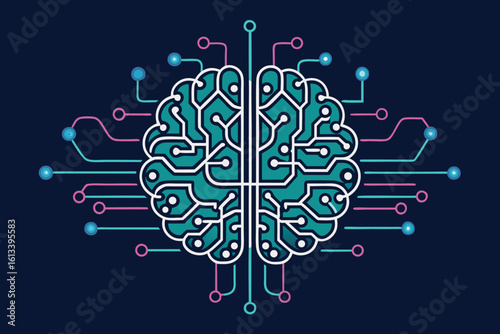 Digital brain visualization depicting neural networks and futuristic ai technology with modern circuitry design
