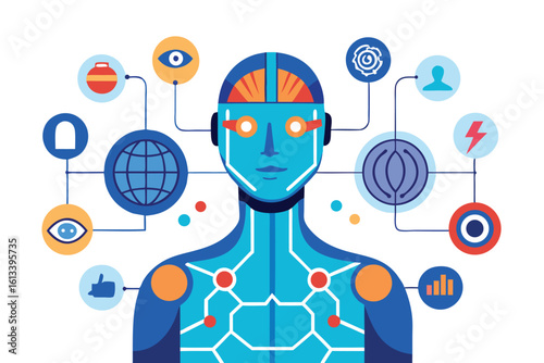 Futuristic illustration of a humanoid robot interacting with neural networks and connected technology icons on white