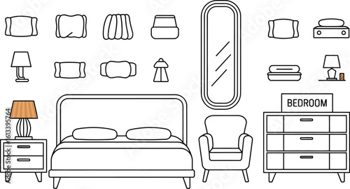 Bedroom furniture including bed, dresser, mirror, and armchair illustration