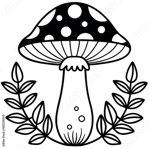 Dotted mushroom outlined with leafy branches creates a charming, natureinspired aesthetic on a transparent background