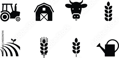 Black and white farm icons including tractor barn cow wheat and watering can