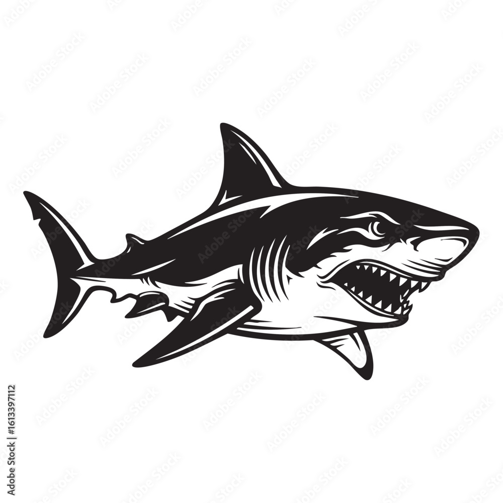 Obraz premium Fierce black shark with open mouth and sharp teeth great white shark marine life