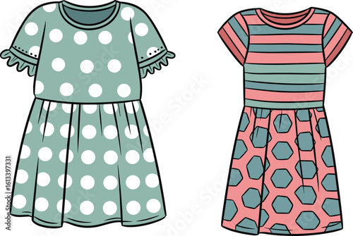 Girls polka dot and striped geometric pattern dresses, short sleeve toddler outfit design, children fashion flat cad drawing vector illustration