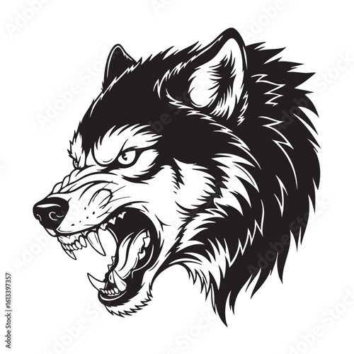 Fierce wolf head snarling with sharp teeth and intense eyes animal wildlife