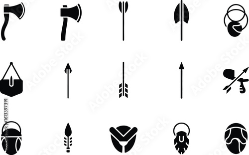 An arrangement of various black vector icons depicting weapons and tools
