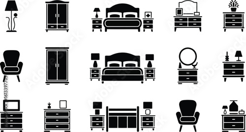 Illustration of bedroom furniture including beds dressers and wardrobes