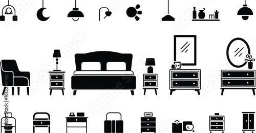 Illustration of bedroom furniture including bed chair and lighting icons