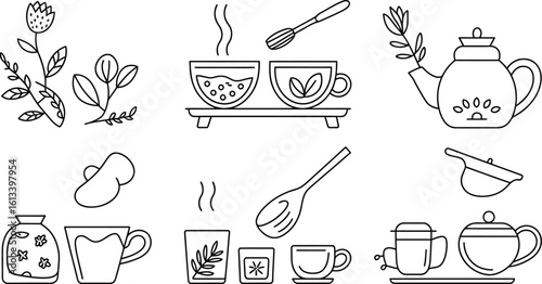 Line art tea time illustration with teapots cups and floral decorations