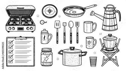 Black-and-white doodle icons of outdoor cooking gear, including a portable stove, frying pan, coffee pot, enamel mug, utensils, canned food, and grill rack. Arranged like a visual checklist in a consi