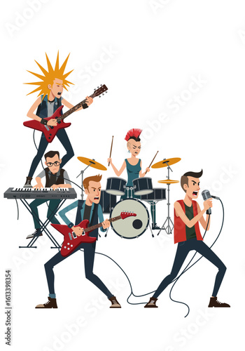 Energetic punk rock band performing on stage, guitarist, drummer, singer, keyboard player.