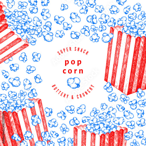 Hand Drawn Vector Pop Corn Illustration. Not AI Generated. Movie Night Background. Old Fashioned American Culture Banner. Vintage Popcorn Design Template.
