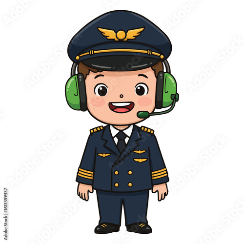 Cute Pilot Cartoon Character Wearing Uniform and Headset