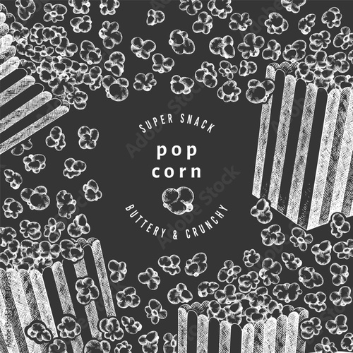 Hand Drawn Vector Pop Corn Illustration. Not AI Generated. Movie Night Chalk Board Background. Old Fashioned American Culture Banner. Vintage Popcorn Design Template.