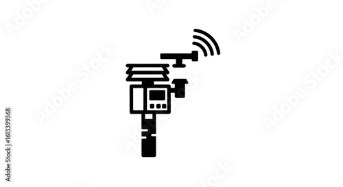 Black and white illustration of a weather station with anemometer, sensors, and wireless signal, isolated on a white background.