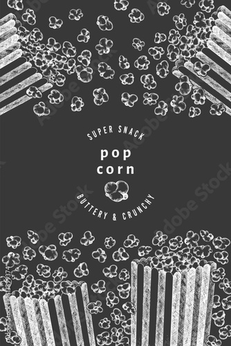 Hand Drawn Vector Pop Corn Illustration. Not AI Generated. Movie Night Chalk Board Background. Old Fashioned American Culture Banner. Vintage Popcorn Design Template.